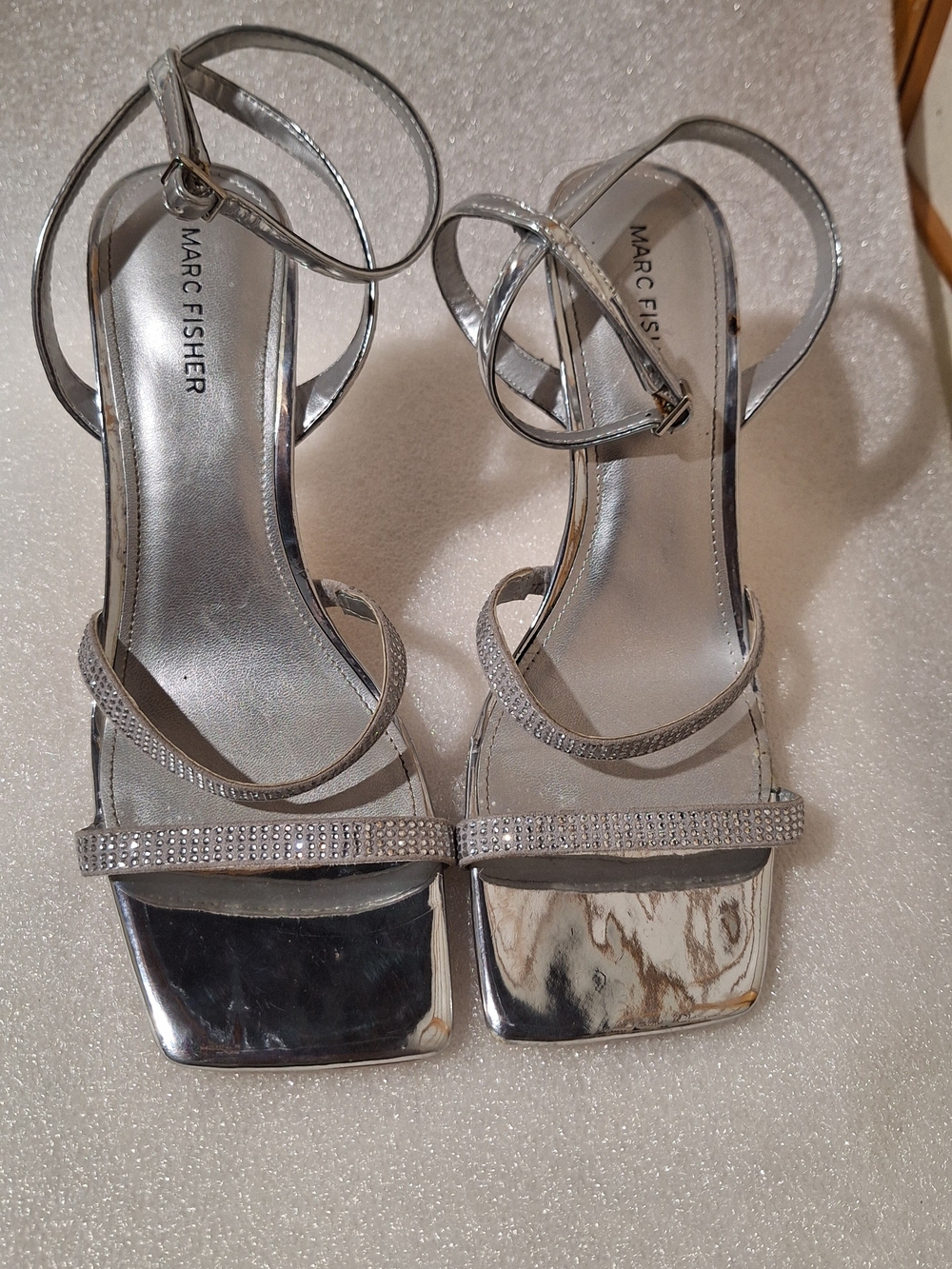 Marc Fisher Silver Rhinestone-Strap Square-Toe Heels
